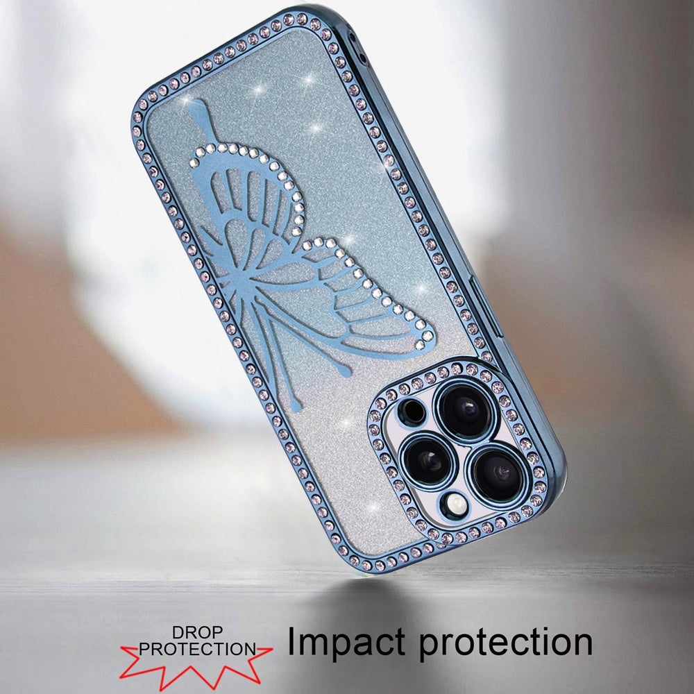 For Apple iPhone 17E /16E Butterfly Glitter Diamond Shimmer Hybrid Slim & Stylish Electroplated Sparkly Bling Shockproof TPU Protective Case Cover