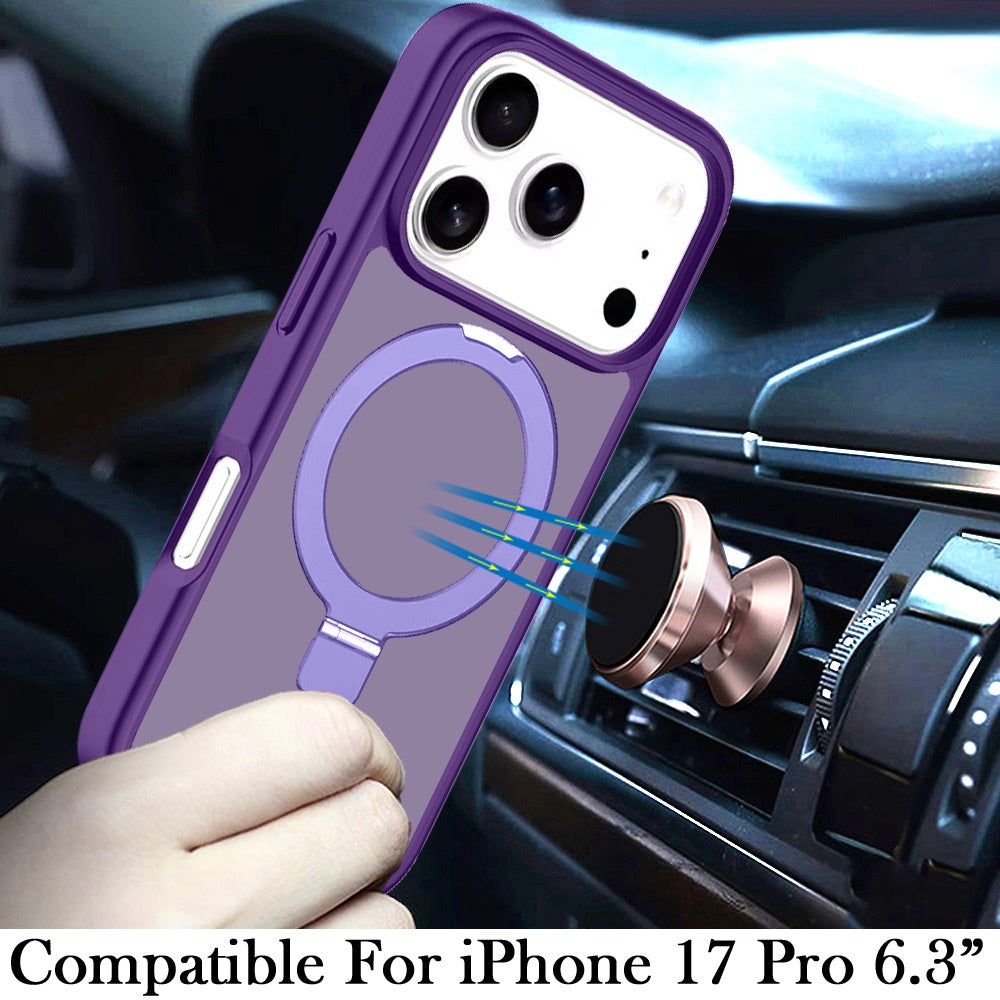 For Apple iPhone 17 Pro Max (6.9") Magnetic Circle Back with Ring Stand Full Rotation Matte Hybrid Shockproof Case Cover