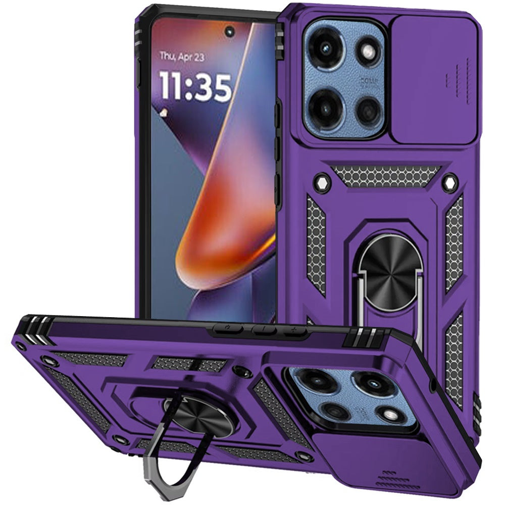 For Motorola Moto G 5G 2025 Hybrid Ring Shockproof with 360° Rotate Ring Kickstand, Camera Lens Protection, Soft Edge Bumper Case Cover Purple