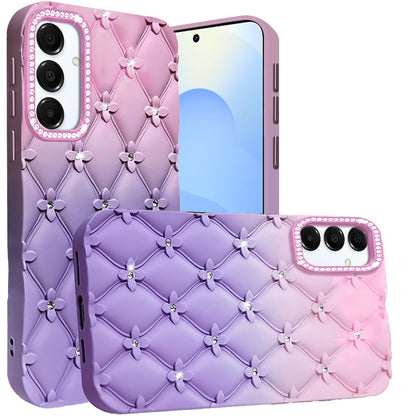 For Samsung Galaxy S25 Ultra Fashion Flower Design Sparkle Glitter Shimmer Rhinestone Bling Floral Accents, Leather Texture TPU Case Cover Light Pink /Light Purple