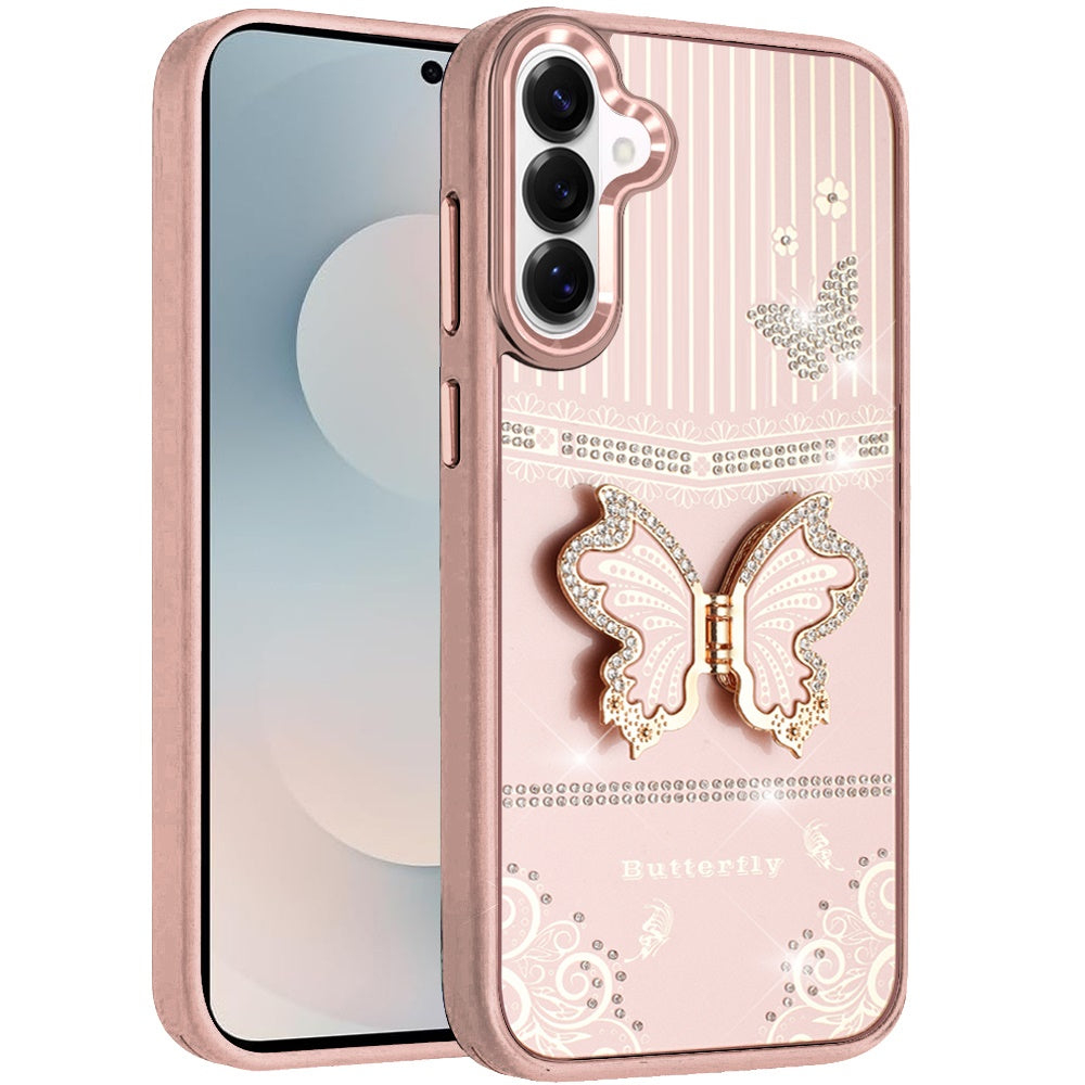 For Samsung Galaxy S26+ / S26 Plus Glitter 3D Butterfly Design Bling Metallic Edge Hybrid Stand Drop Protection TPU Shockproof Case Cover