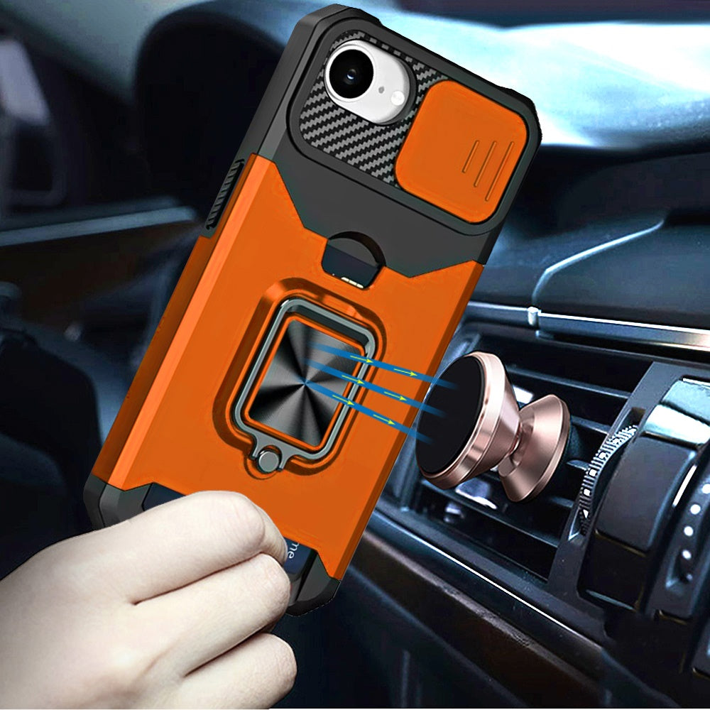For Apple iPhone 17E /16E Wallet Case with Ring Stand & Slide Camera Cover Back Credit Card Slot Holder, Military Grade Case Cover Cosmic Orange
