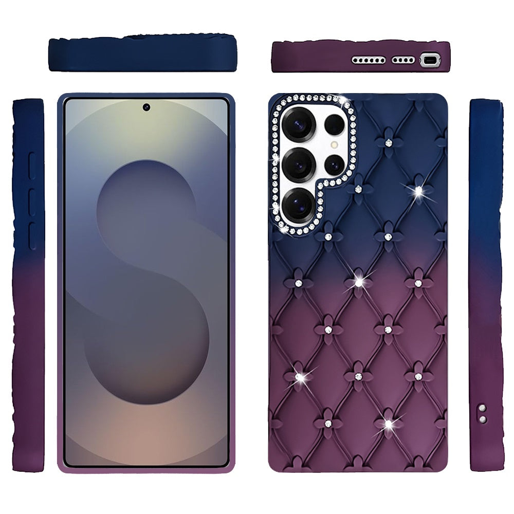 For Samsung Galaxy S26 Ultra Fashion Flower Design Sparkle Glitter Shimmer Rhinestone Bling Floral Accents, Leather Texture TPU Case Cover