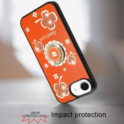 Phone Case for Apple iPhone 17E /16E Diamond 3D Fashion Floral Glitter Engraved Luxury Bling Hybrid Shockproof Chrome Edge Protective Grip Cover Good Luck Floral Cosmic Orange