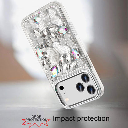 For Apple iPhone 17 Pro Max (6.9") 3D Diamond Floral Butterfly Bling Stone Hybrid, Sparkly Rhinestone Gemstone Back Shockproof Case Cover Rose Gold