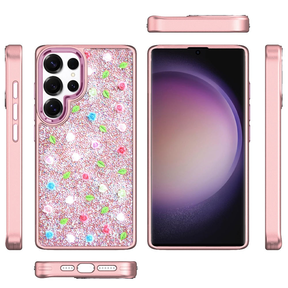 For Apple iPhone 14 /13 Floral Design Embedded Glass Diamond Fancy Fashion Glitter Bling Sparkly Hybrid Rugged TPU Bumper Case Cover