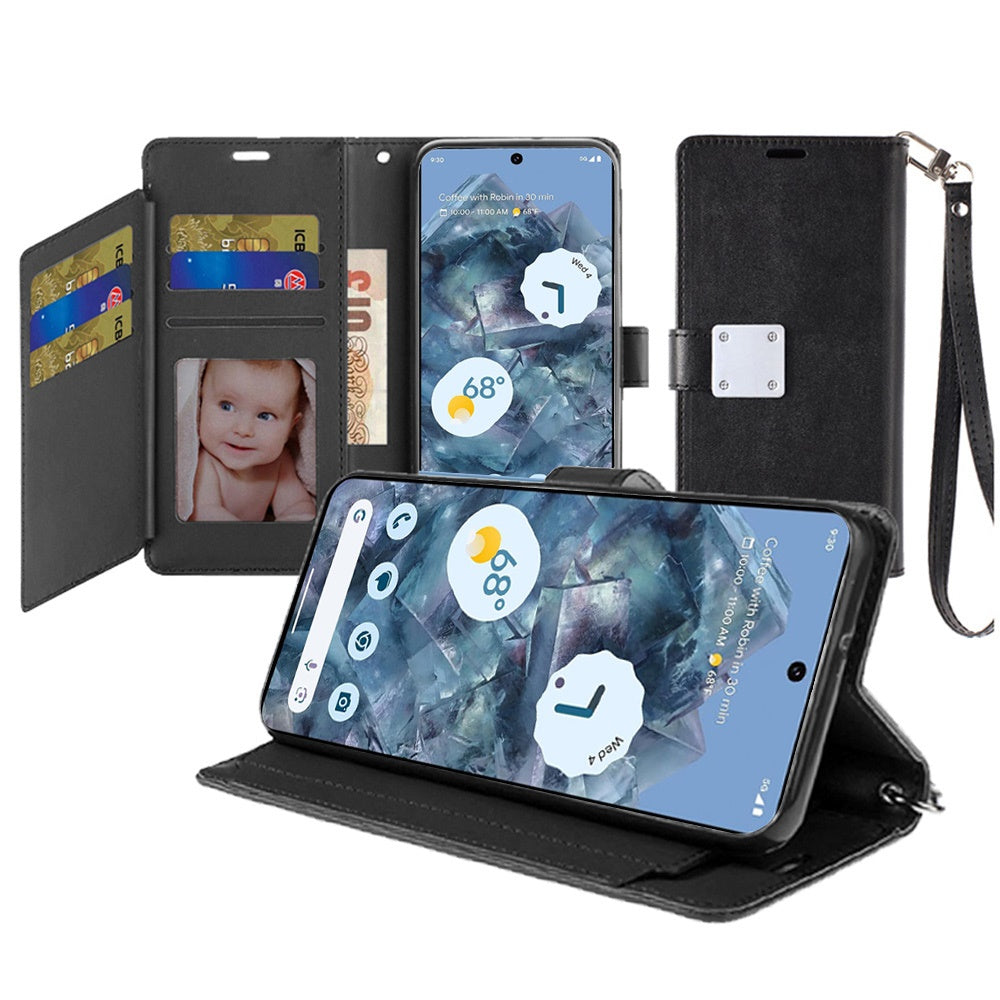 For Google Pixel 9 Pro XL Wallet Cases PU Leather with Credit Card /ID /Cash Holder Slot Dual Flip Book Pouch, Stand and Strap Case Cover Black