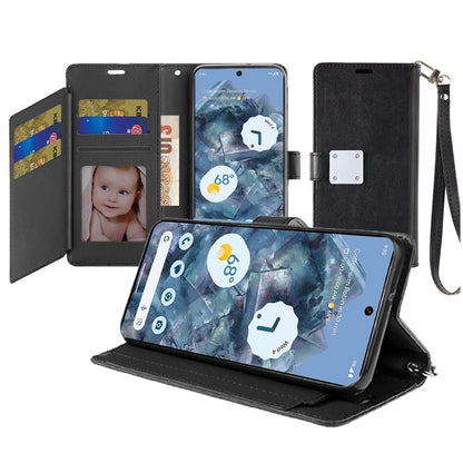 For Google Pixel 9 Pro XL Wallet Cases PU Leather with Credit Card /ID /Cash Holder Slot Dual Flip Book Pouch, Stand and Strap Case Cover Black