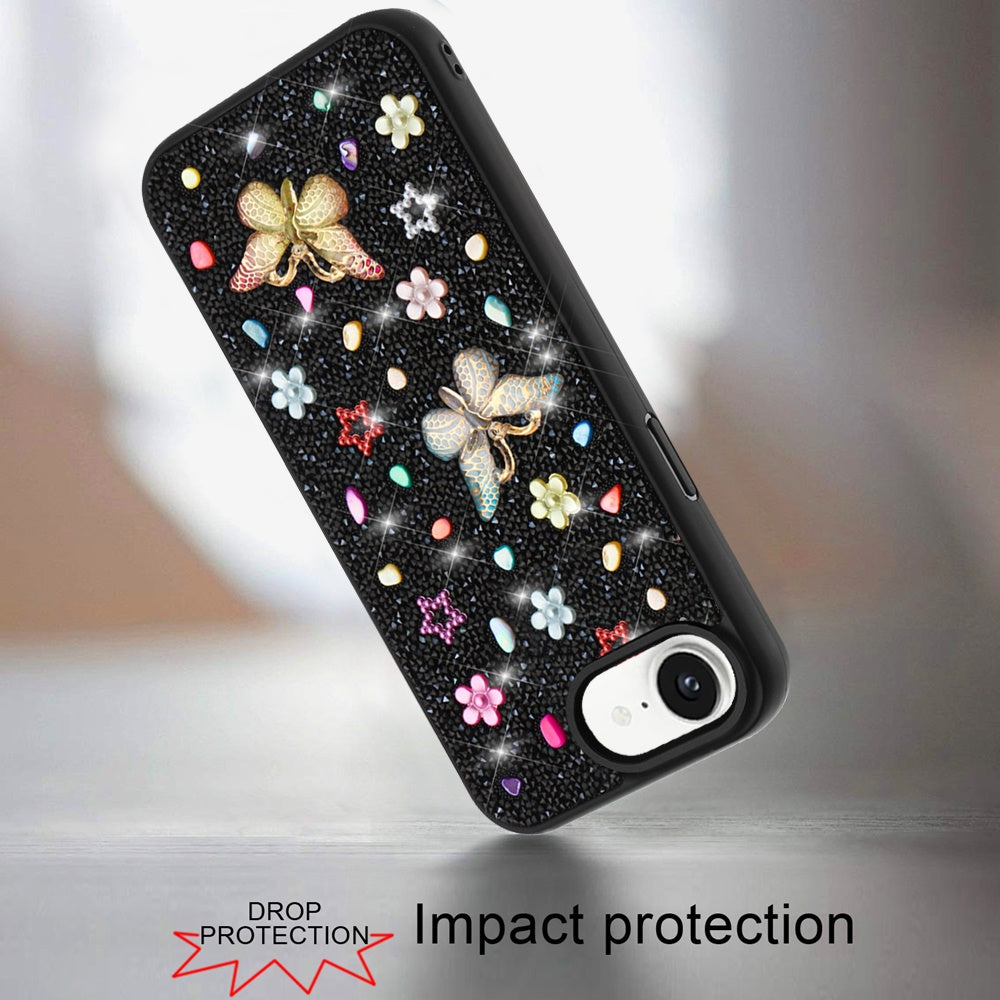 For Apple iPhone 17E /16E Diamond Butterfly 3D Glitter Bling Design, Slim Hybrid Sparkle Protective Cover TPU for Women Girls Case Cover