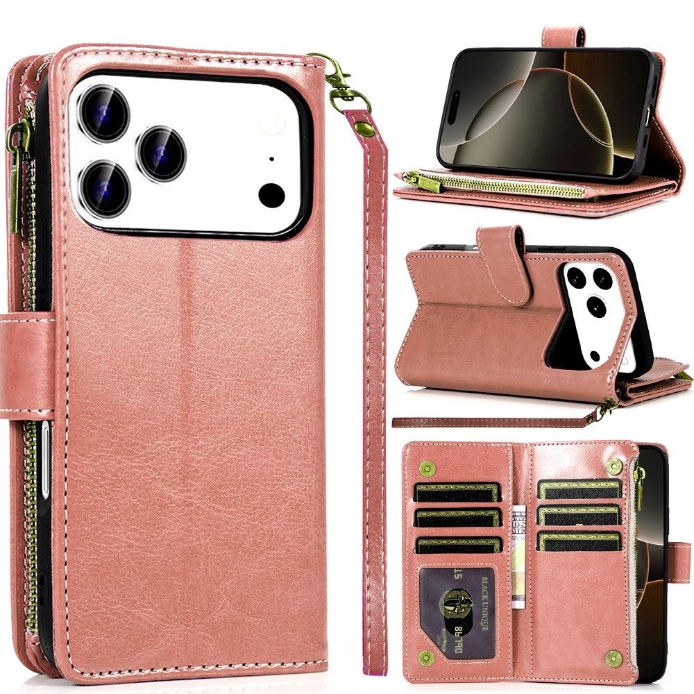 For Apple iPhone 17 Pro (6.3") Leather Wallet Case with Zipper, 9 Card Slots, Cash Pocket, Stand & Strap, Clutch Pouch Design Case Cover