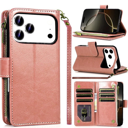 For Apple iPhone 17 Pro (6.3") Leather Wallet Case with Zipper, 9 Card Slots, Cash Pocket, Stand & Strap, Clutch Pouch Design Case Cover