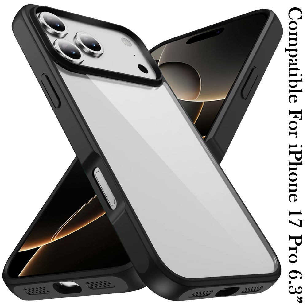 For Apple iPhone 17 Pro (6.3") Hybrid Transparent HQ Slim Shockproof Clear Protective Thick 2.0mm TPU Frame Case Cover Black