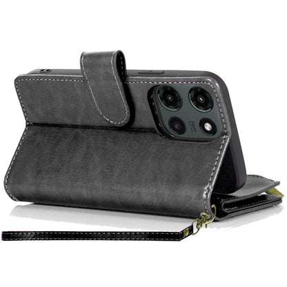 For Motorola Edge 2025 Leather Wallet Case with Zipper, 9 Card Slots, Cash Pocket, Stand & Strap, Clutch Pouch Design Case Cover Black