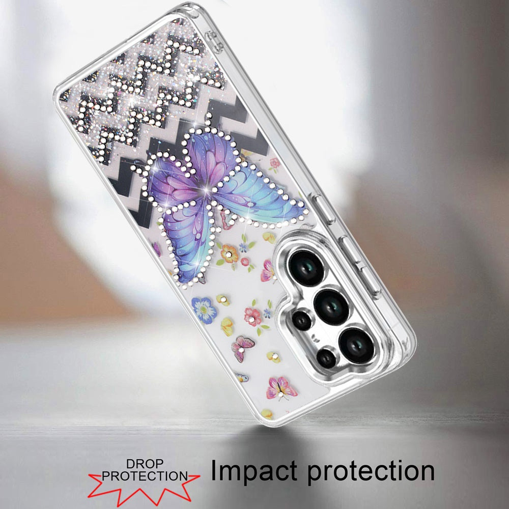 For Samsung Galaxy S25 Ultra Butterfly Resin Epoxy Diamond Design Metal Edged Hybrid Shockproof Heavy Duty Drop Protection Case Cover