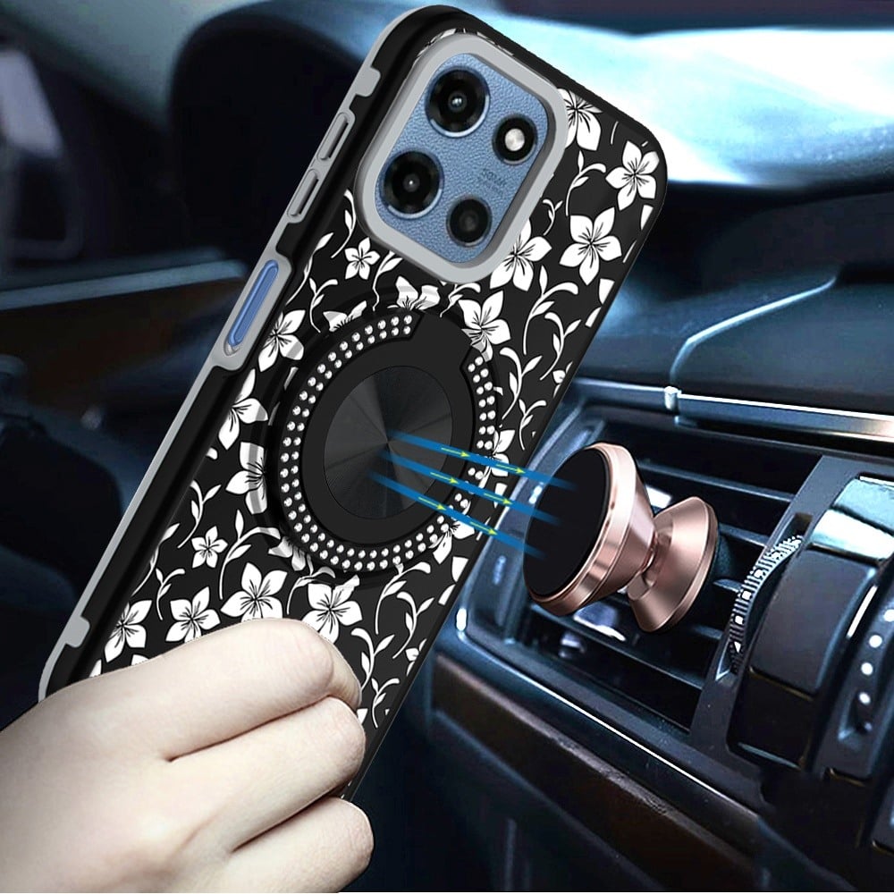 Phone Case for Motorola Moto G 5G 2026 / 2025 Magnetic Ring Stand Matte Metal Hybrid Car Mount Friendly Shockproof Rotational Grip Diamond Design Pattern Cover Classic Floral
