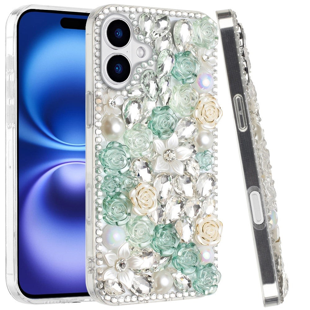For Apple iPhone 17 (6.3") Fashion Rose Flower Floral, 3D Bling Crystal Full Diamonds Pearl Sparkle Rhinestone Glitter Hybrid Case Cover