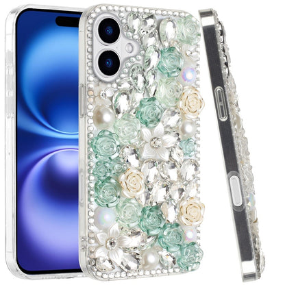 For Apple iPhone 17 (6.3") Fashion Rose Flower Floral, 3D Bling Crystal Full Diamonds Pearl Sparkle Rhinestone Glitter Hybrid Case Cover