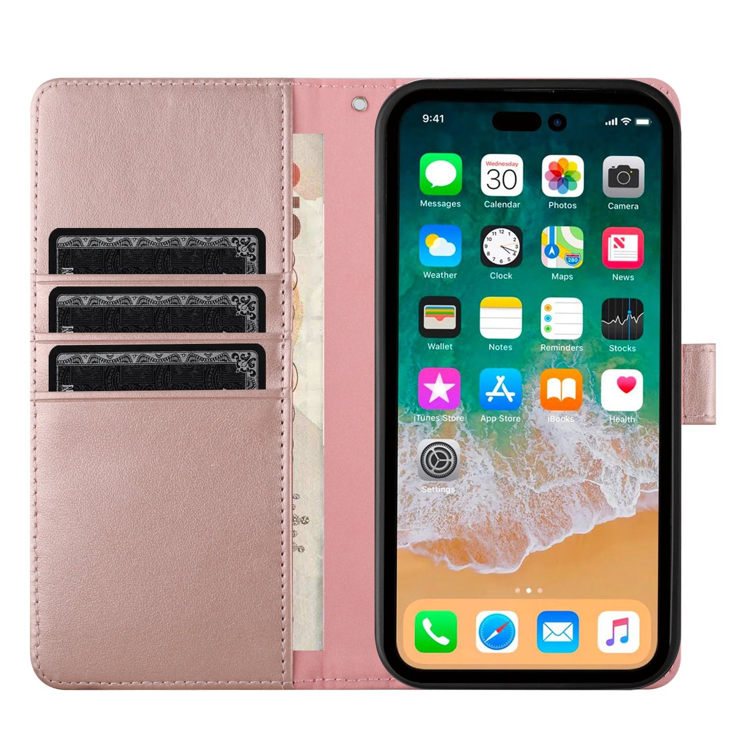 For Apple iPhone 16 (6.1") Deattachable PU Leather Hybrid Wallet Money Credit Card Holder Support Magsafe Charger Case Cover Rose Gold