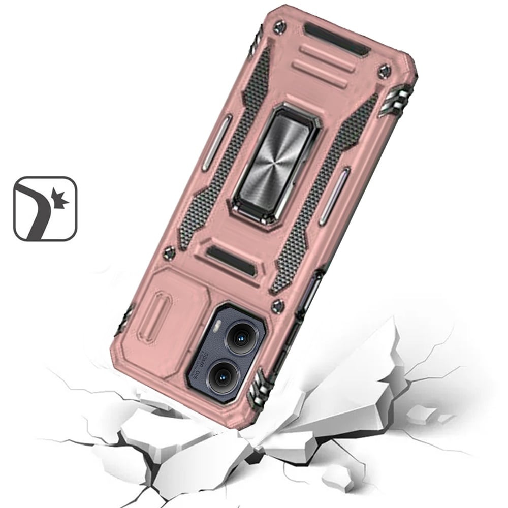 For Motorola Edge 2024 Tough Hybrid Case with Movable Camera Window & Metal Ring Stand Shockproof Case Cover Rose Gold