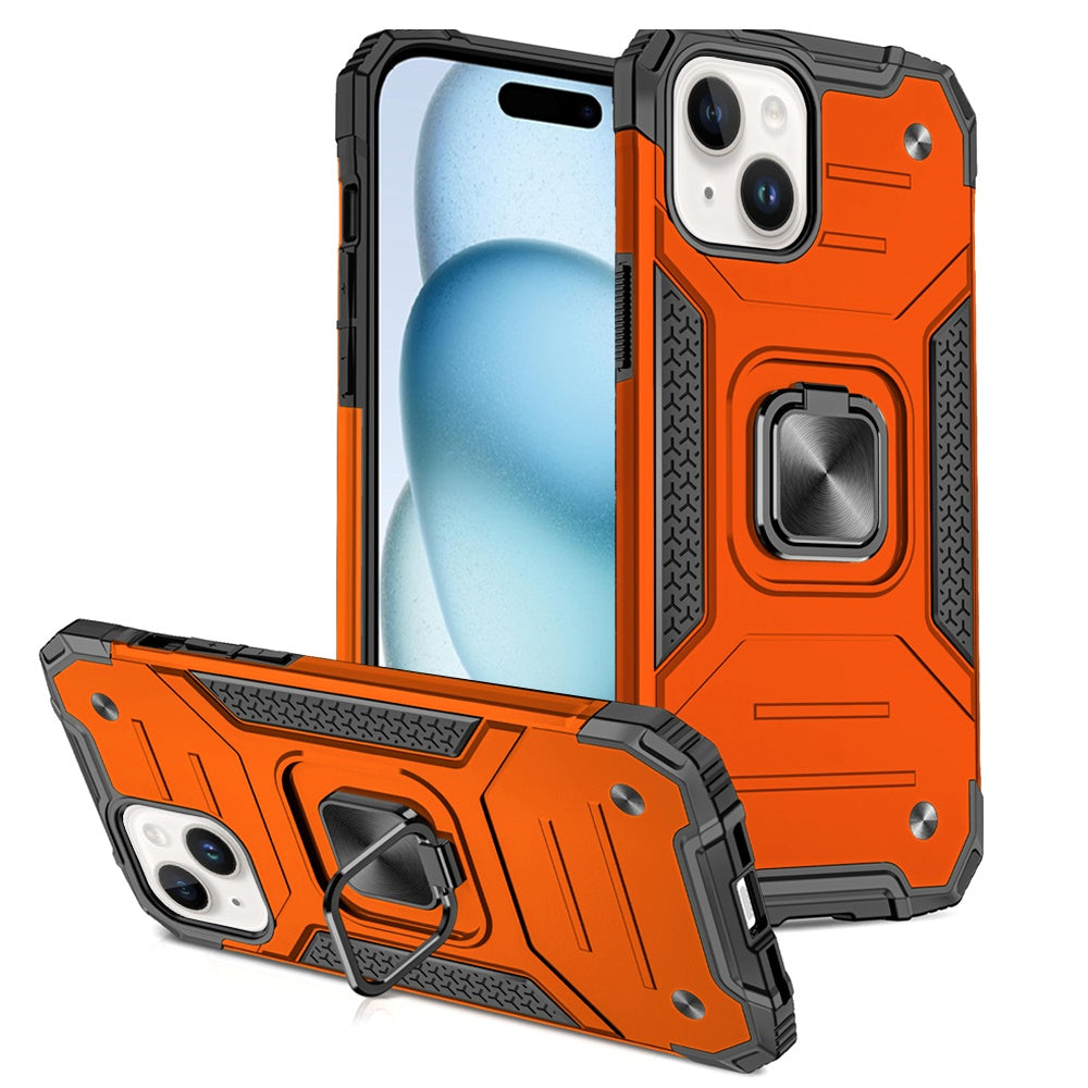 For iPhone 15 Plus (6.7") Armor Hybrid Magnetic Stand with Ring Holder Kickstand Shockproof Heavy-Duty Durable Rugged TPU Dual Layer Case Cover Cosmic Orange