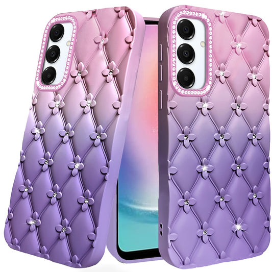 For Samsung Galaxy A26 Fashion Flower Design Sparkle Glitter Shimmer Rhinestone Bling Floral Accents, Leather Texture TPU Case Cover