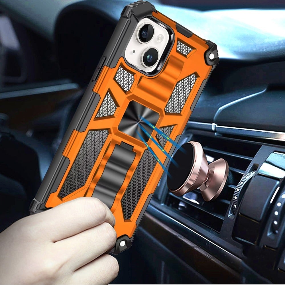 For iPhone 15 Plus (6.7") Hybrid Shockproof [Military Grade] Rugged Protective with Magnetic Car Mount & Invisible Stand Case Cover Cosmic Orange