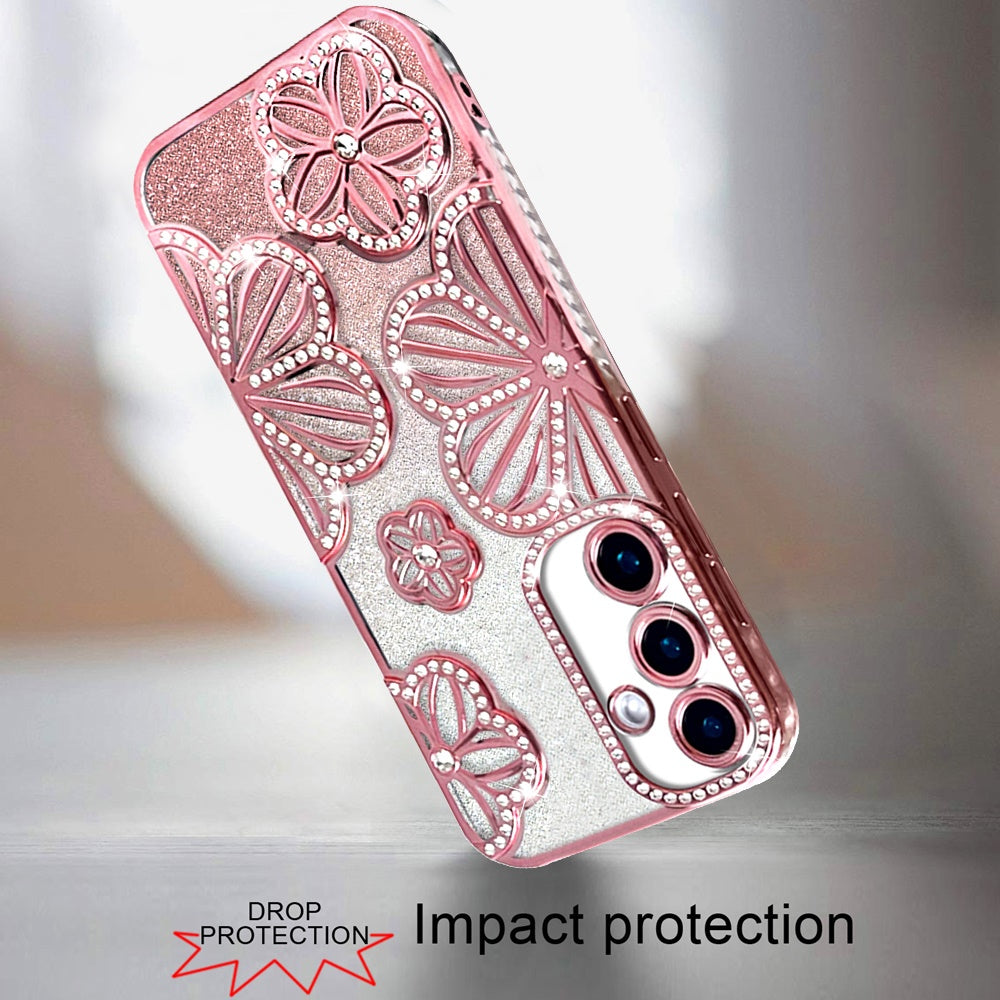 For Samsung Galaxy A16 Luxury Flower Design Sparkle Glitter Diamond Rhinestone Shimmer Bling Plating Thick TPU Hard PC Case Cover Flower Rose Gold