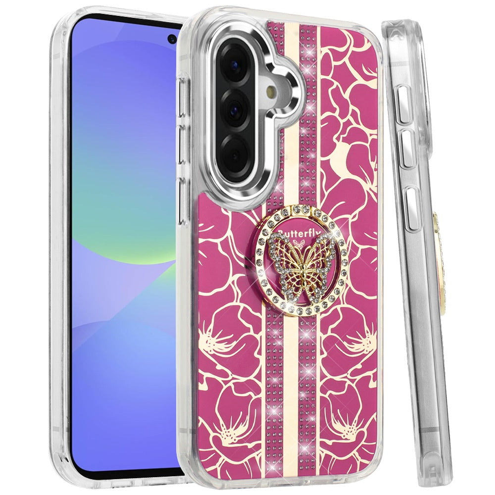 For Samsung Galaxy A37 Diamonds 3D Butterfly Floral Design Bling Sparkly Glitter Hybrid Metal Fashion with Ring Stand Case Cover