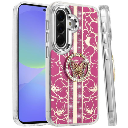 For Samsung Galaxy A37 Diamonds 3D Butterfly Floral Design Bling Sparkly Glitter Hybrid Metal Fashion with Ring Stand Case Cover