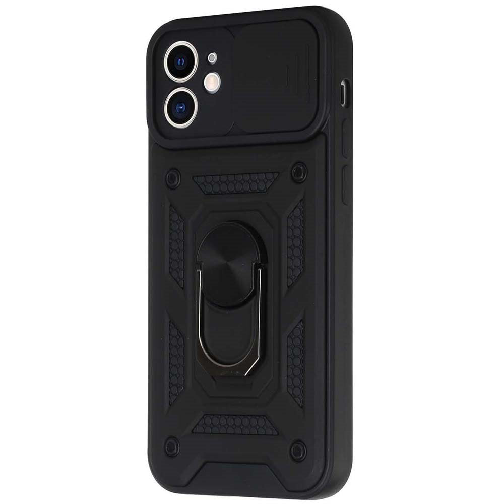 For Apple iPhone 11 Hybrid Case with Slide Camera Lens Cover, Ring Kickstand, Heavy-Duty Dual Layer TPU, Fit Magnet Car Mount Case Cover Black