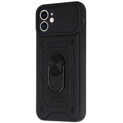 For Apple iPhone 11 Hybrid Case with Slide Camera Lens Cover, Ring Kickstand, Heavy-Duty Dual Layer TPU, Fit Magnet Car Mount Case Cover Black