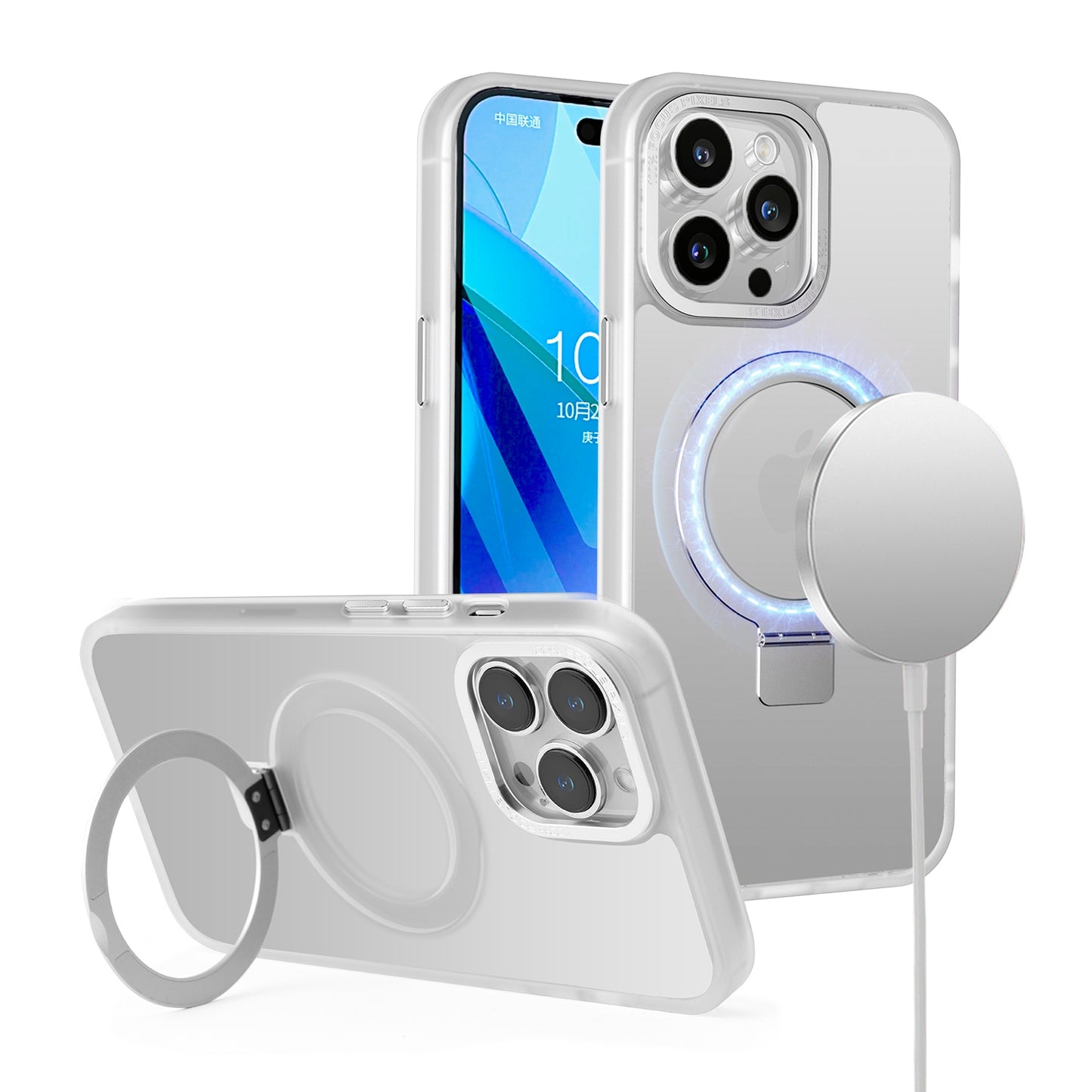 Phone Case for Samsung Galaxy S23 Ultra Metal Chrome Magnetic Circle Kickstand Shockproof Matching Camera Protector Durable Grip Hybrid Armor Cover Clear