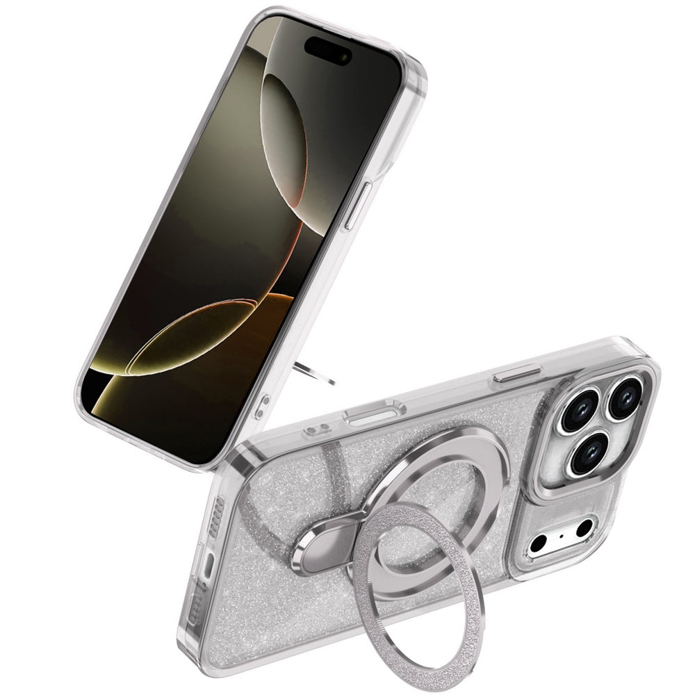For Apple iPhone 17 Pro (6.3") Transparent Glitter Bling Case with Rotating Magnetic Ring Stand, Shockproof Hybrid Case Cover