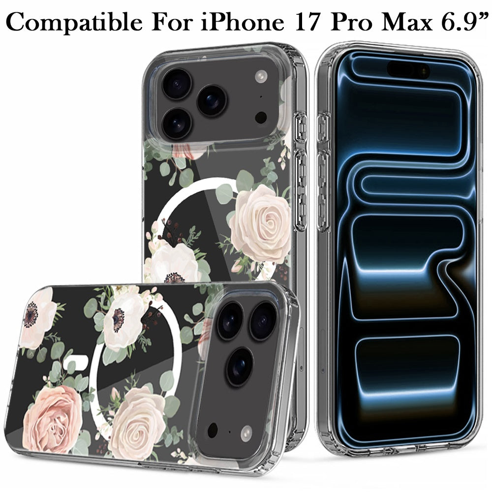 For Apple iPhone 17 Pro Max Hybrid Flower Design Stylish Fashion Case, MagSafe Compatible, Thick Shockproof Hard PC Case Cover