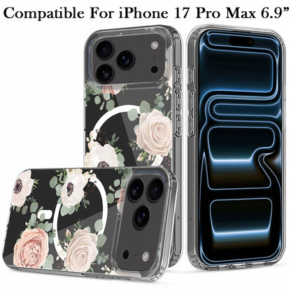 For Apple iPhone 17 Pro Max Hybrid Flower Design Stylish Fashion Case, MagSafe Compatible, Thick Shockproof Hard PC Case Cover