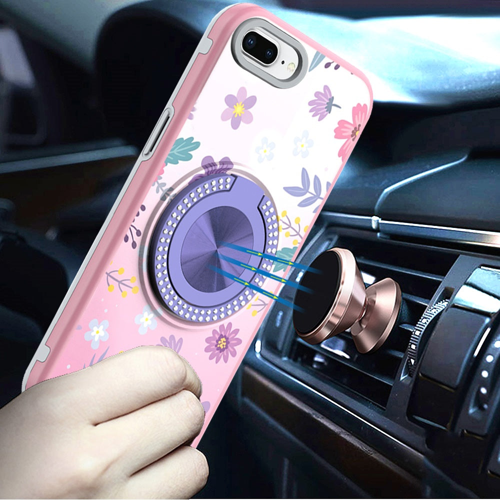 For iPhone 8 Plus / iPhone 7 Plus Pattern Design Hybrid with Invisible Ring Stand & Magnetic Back, Shockproof Protective Grip Case Cover