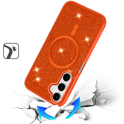 Phone Case for Samsung Galaxy A16 5G Magnetic Bling Diamond Sparkle Hybrid Shockproof Rugged Grip Durable Protection Anti-Slip Armor Design Cover Cosmic Orange