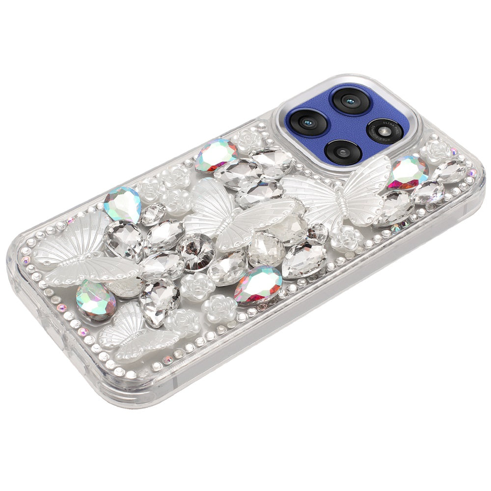 For Motorola Moto G Power 5G 2025 3D Diamond Floral Butterfly Bling Stone Hybrid, Sparkly Rhinestone Gemstone Back Shockproof Case Cover