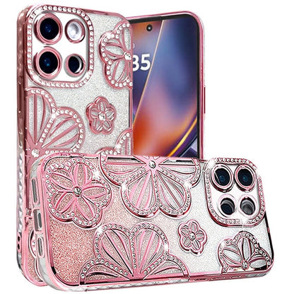For Motorola Moto G Power 5G 2025 Luxury Flower Design Sparkle Glitter Diamond Rhinestone Shimmer Bling Plating Thick TPU Hard PC Case Cover