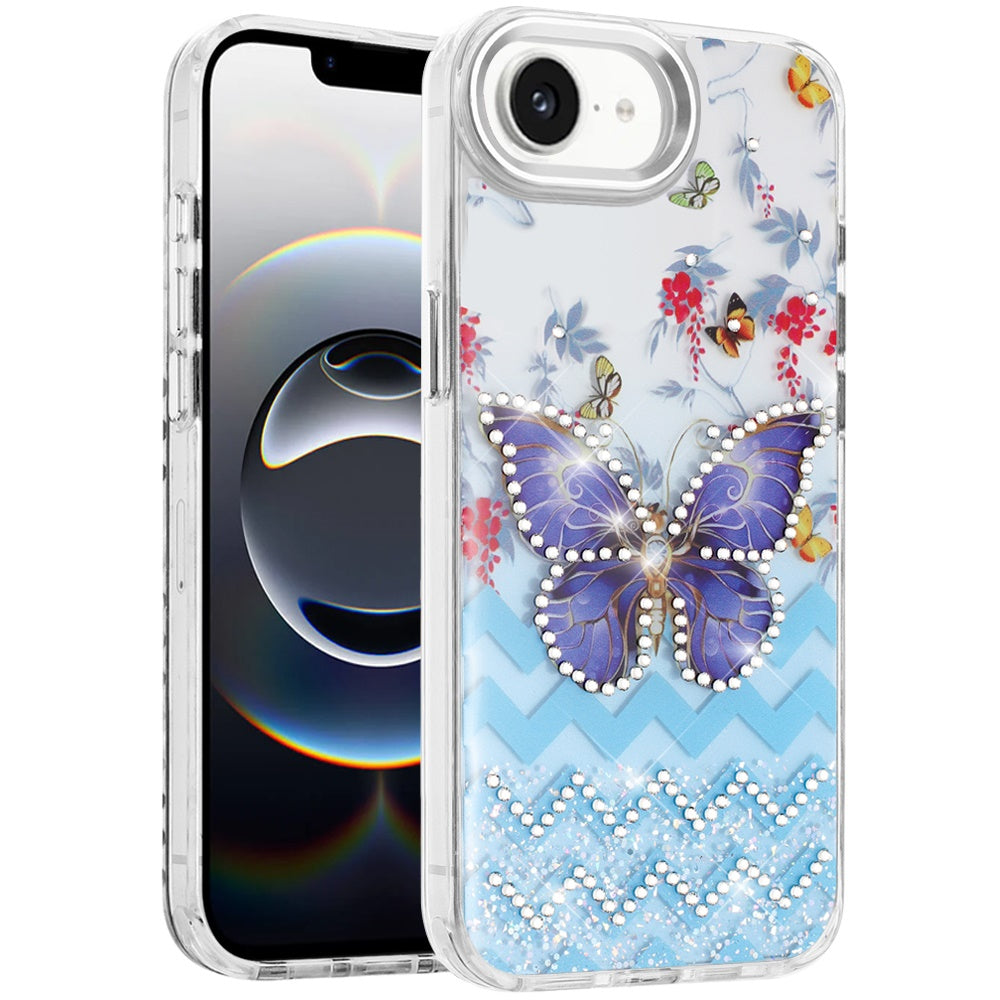 For Apple iPhone 17E /16E Butterfly Resin Epoxy Diamond Design Metal Edged Hybrid Shockproof Heavy Duty Drop Protection Case Cover
