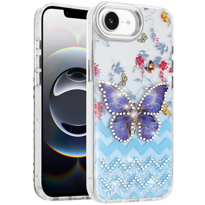 For Apple iPhone 17E /16E Butterfly Resin Epoxy Diamond Design Metal Edged Hybrid Shockproof Heavy Duty Drop Protection Case Cover
