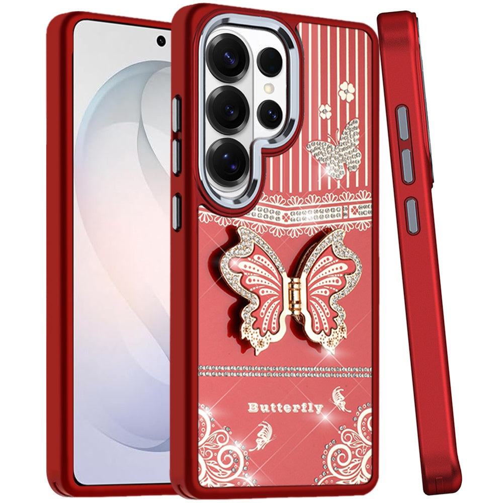 For Samsung Galaxy S26 Ultra Glitter 3D Butterfly Design Bling Metallic Edge Hybrid Stand Drop Protection TPU Shockproof Case Cover