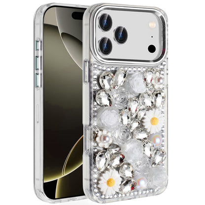 For Apple iPhone 17 Pro (6.3") Fashion Daisy Floral Series, Full 3D Bling Crystal Diamonds Sparkling Rhinestone Glitter Hybrid Design Case Cover