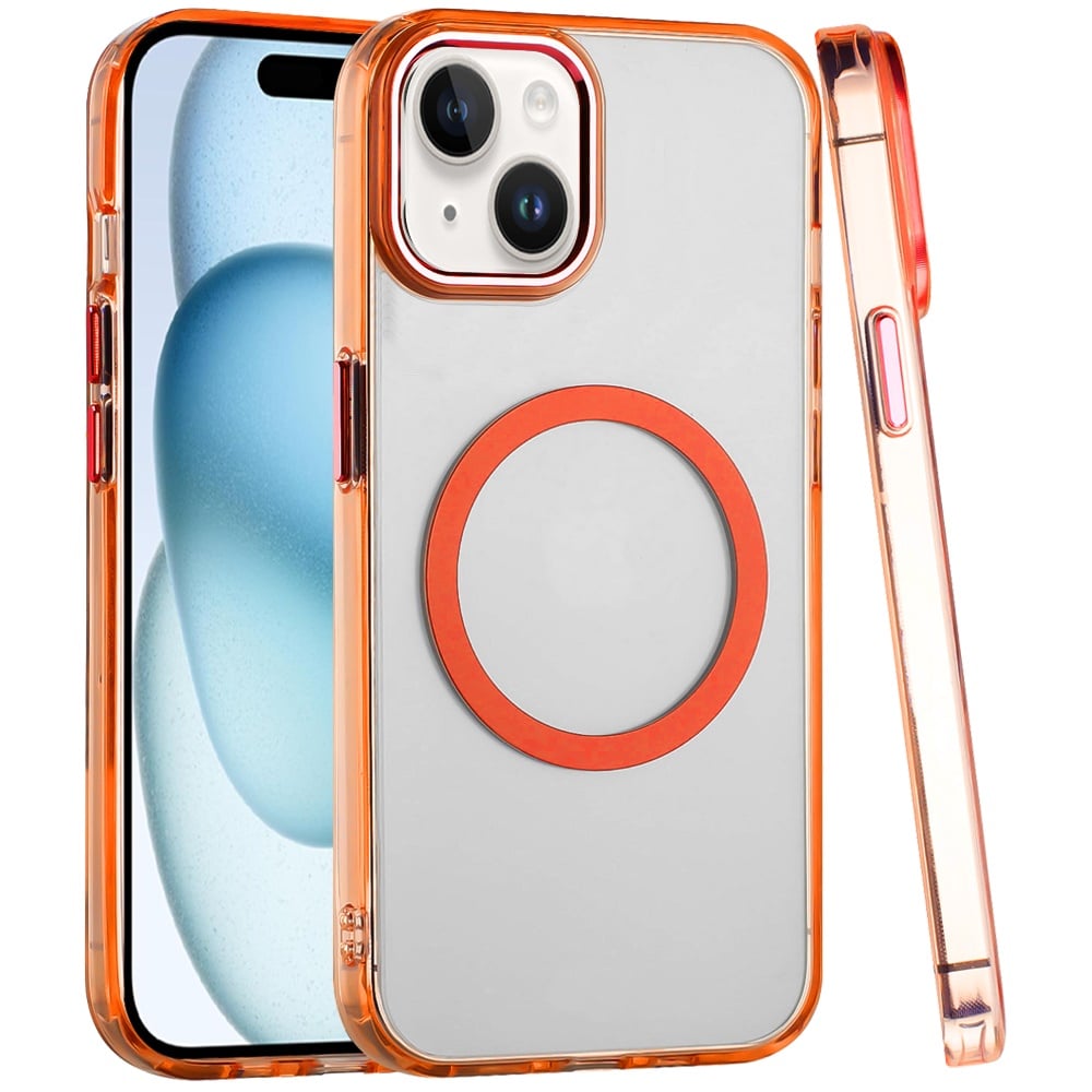 For iPhone 15 Plus (6.7") Transparent Back Hybrid Case - Magnetic Circle, Color Frame, Metal Buttons, MagSafe Compatible Case Cover Cosmic Orange