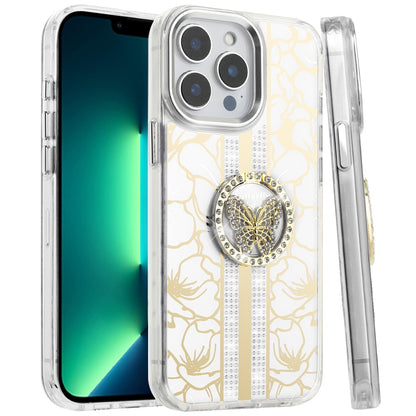 For Apple iPhone 13 Pro Max Diamonds 3D Butterfly Floral Design Bling Sparkly Glitter Hybrid Metal Fashion with Ring Stand Case Cover