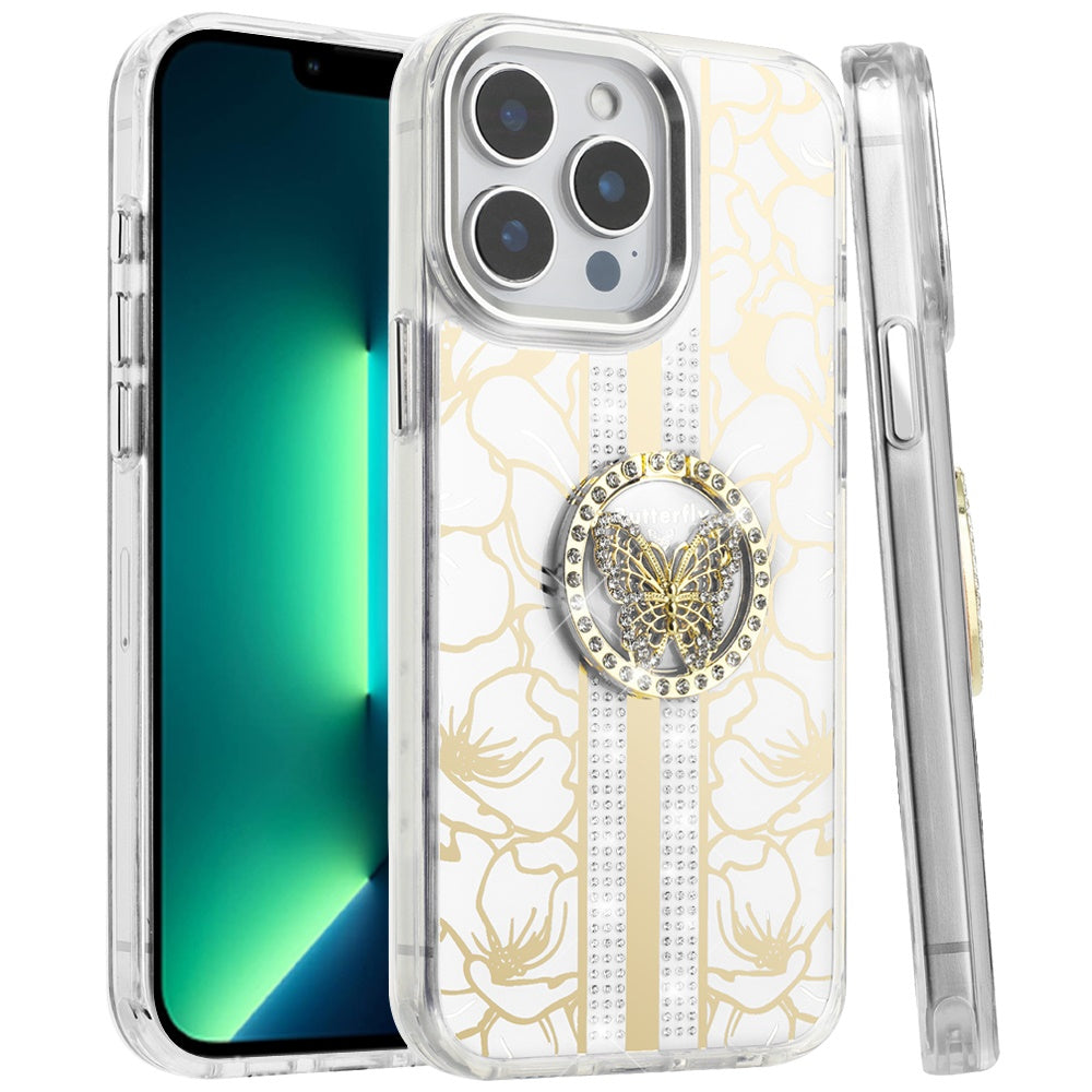 For Apple iPhone 15 Pro Max Diamonds 3D Butterfly Floral Design Bling Sparkly Glitter Hybrid Metal Fashion with Ring Stand Case Cover