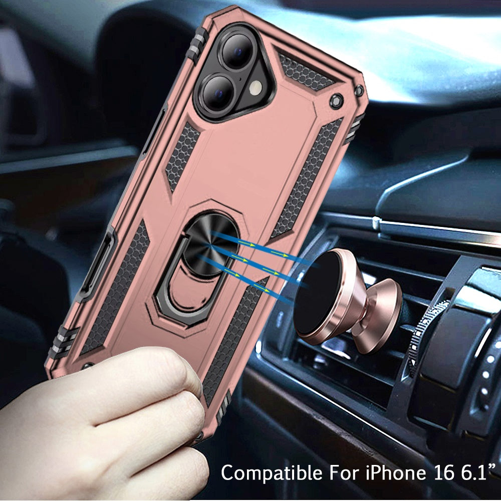 For iPhone 16 (6.1") Hybrid Shockproof Durable 360 Degree Rotatable Ring Stand Holder Kickstand Fit Magnetic Car Mount Case Cover Rose Gold