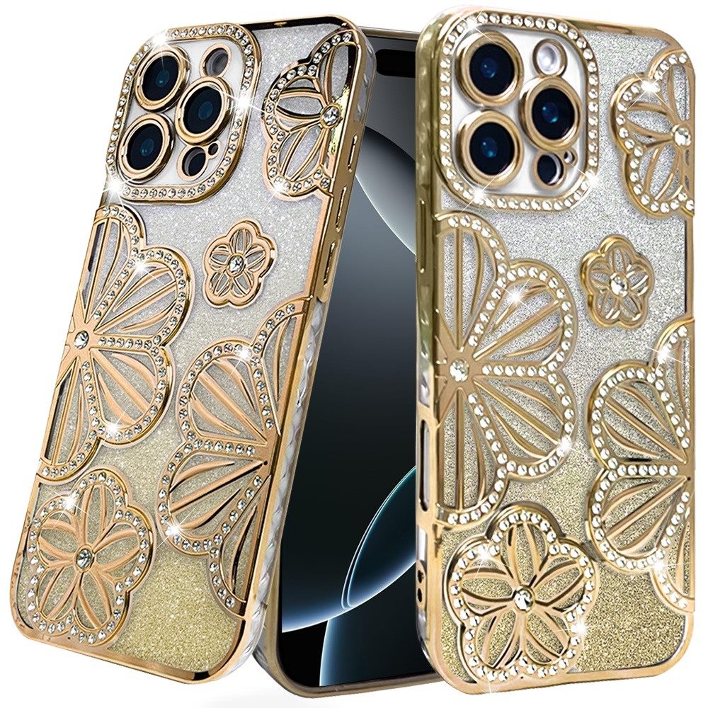 Phone Case for Apple iPhone 16 Pro Max Shimmer Glitter Floral Thick TPU Grip Cover Gold