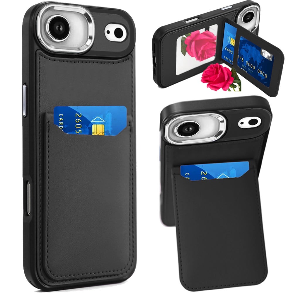 For Apple iPhone 17 Air (6.6") PU Leather Wallet Cover with Credit Card Holder, Kickstand & Mirror Inside Slim Fit TPU & PC Hybrid Design Case Cover
