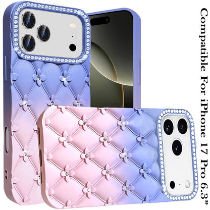 For Apple iPhone 17 Pro (6.3") Fashion Flower Design Sparkle Glitter Shimmer Rhinestone Bling Floral Accents, Leather Texture TPU Case Cover